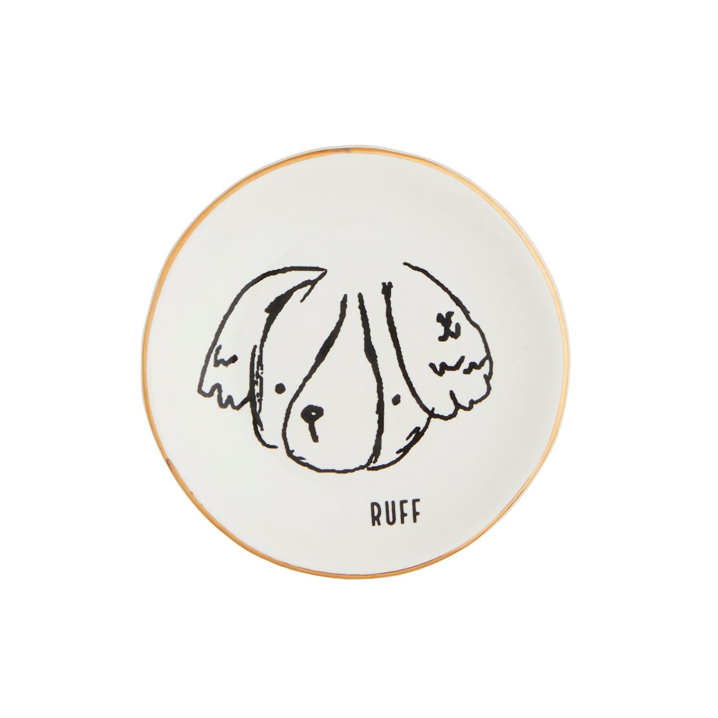 Round white plate with a black dog illustration and 'RUFF' text