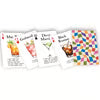 Playing cards with different drink recipes on a white background