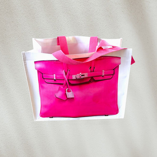 Pink plastic tote with Birken pattern