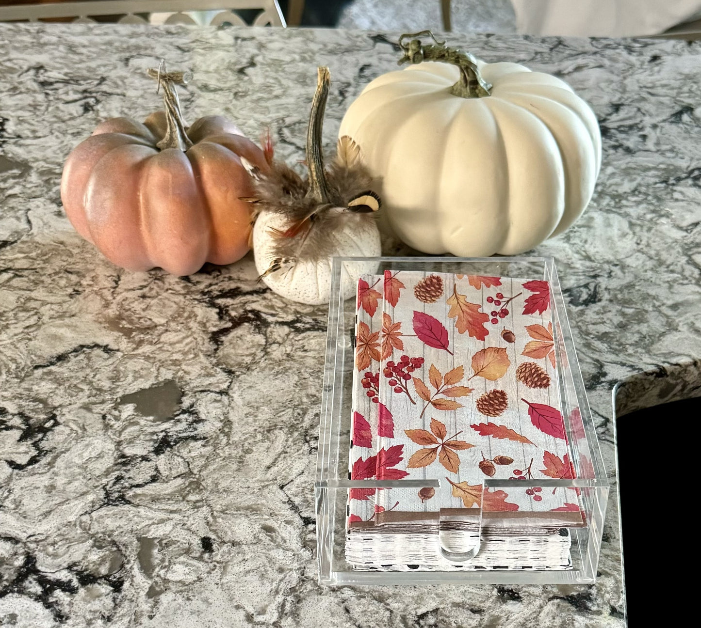 Clear acrylic guest towel napkin holder in kitchen, containing seasonal napkins.