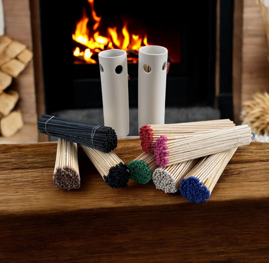 White Ceramic Matchstick Holder with 50 - 7" Fireplace Matches & Striker Pad