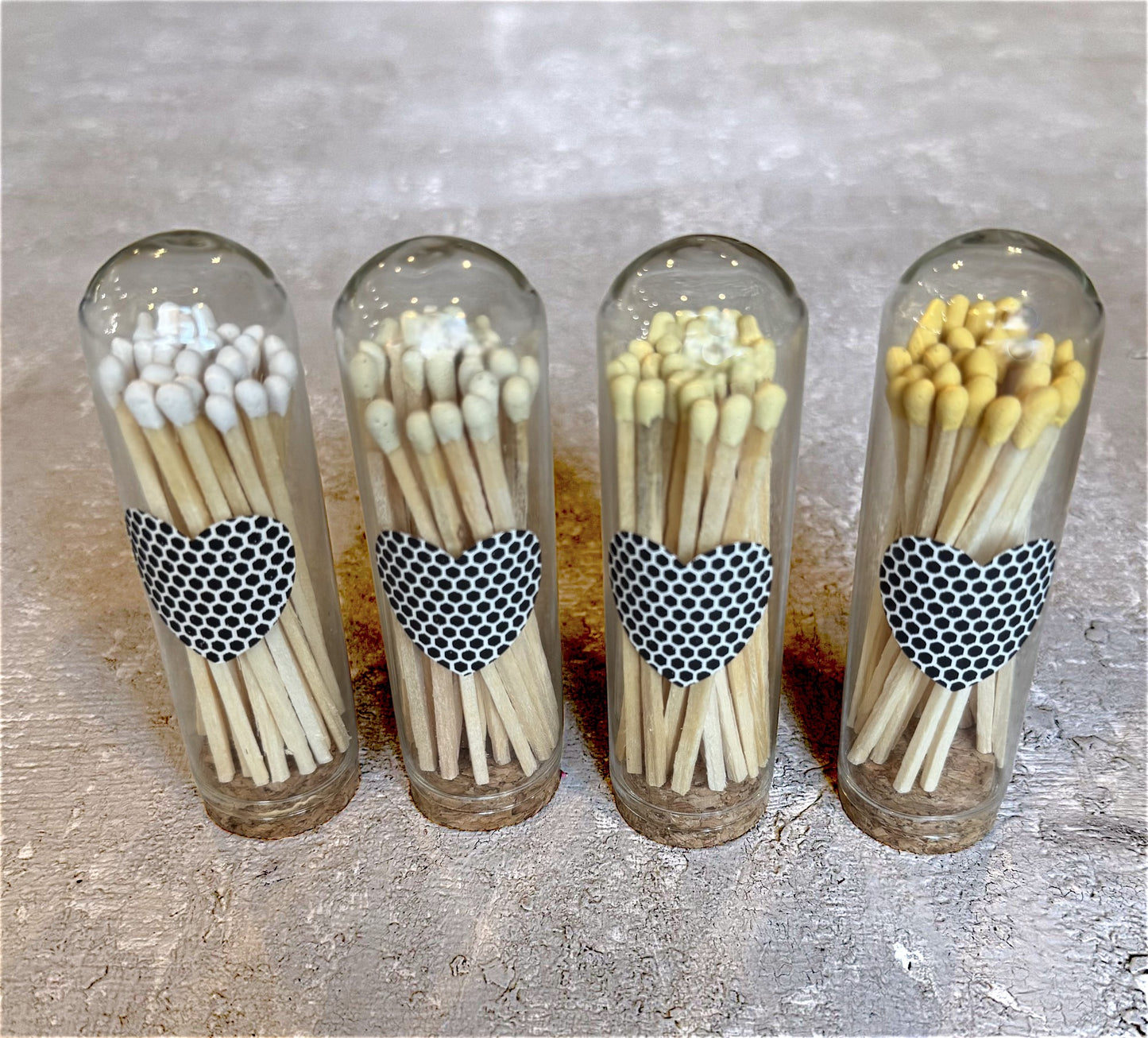 3" Matches in Glass Cloche with Heart Striker, Included 25 Colored Matches