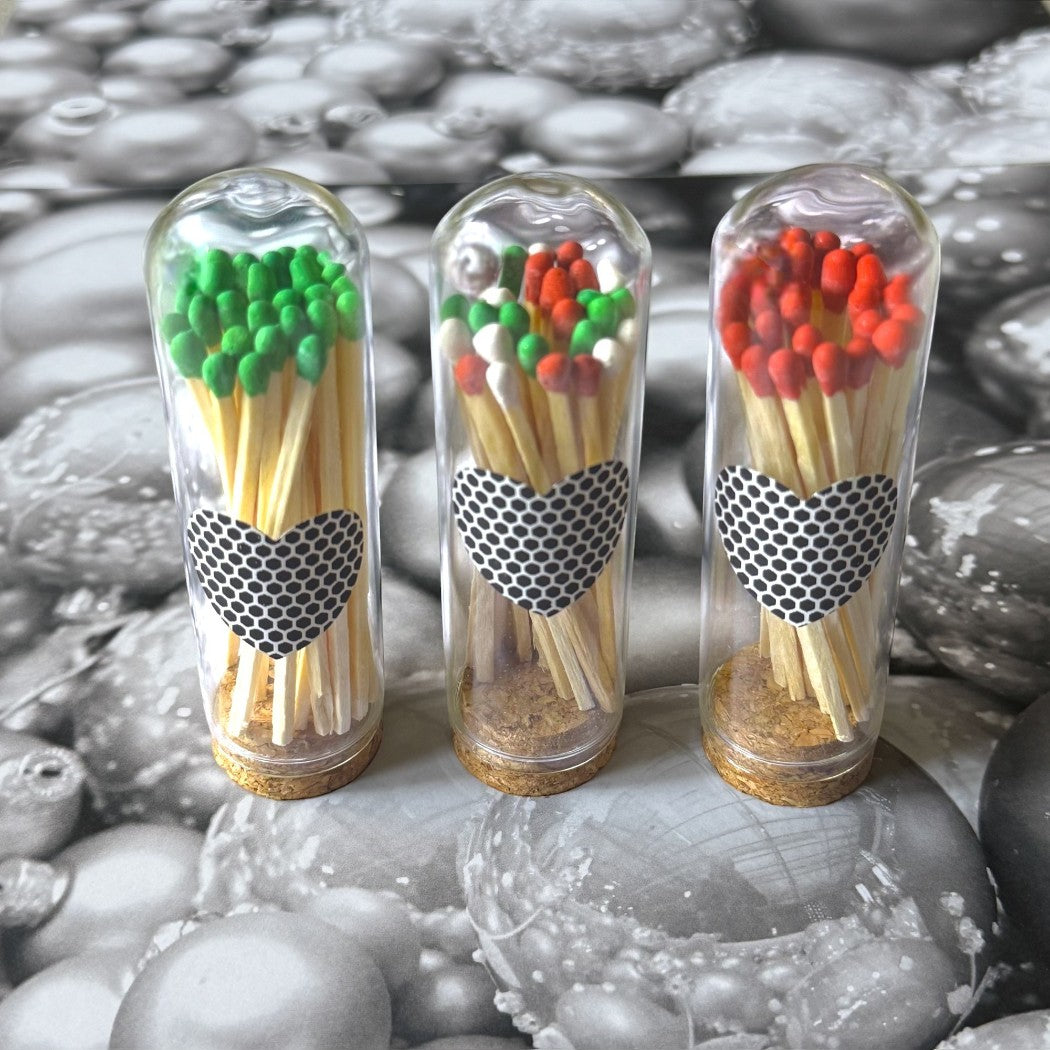3" Matches in Glass Cloche with Heart Striker, Included 25 Colored Matches