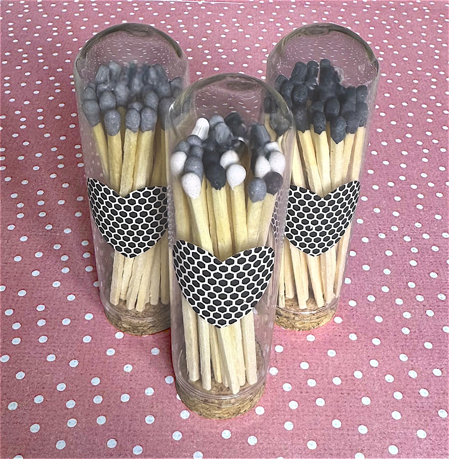 3" Matches in Glass Cloche with Heart Striker, Included 25 Colored Matches