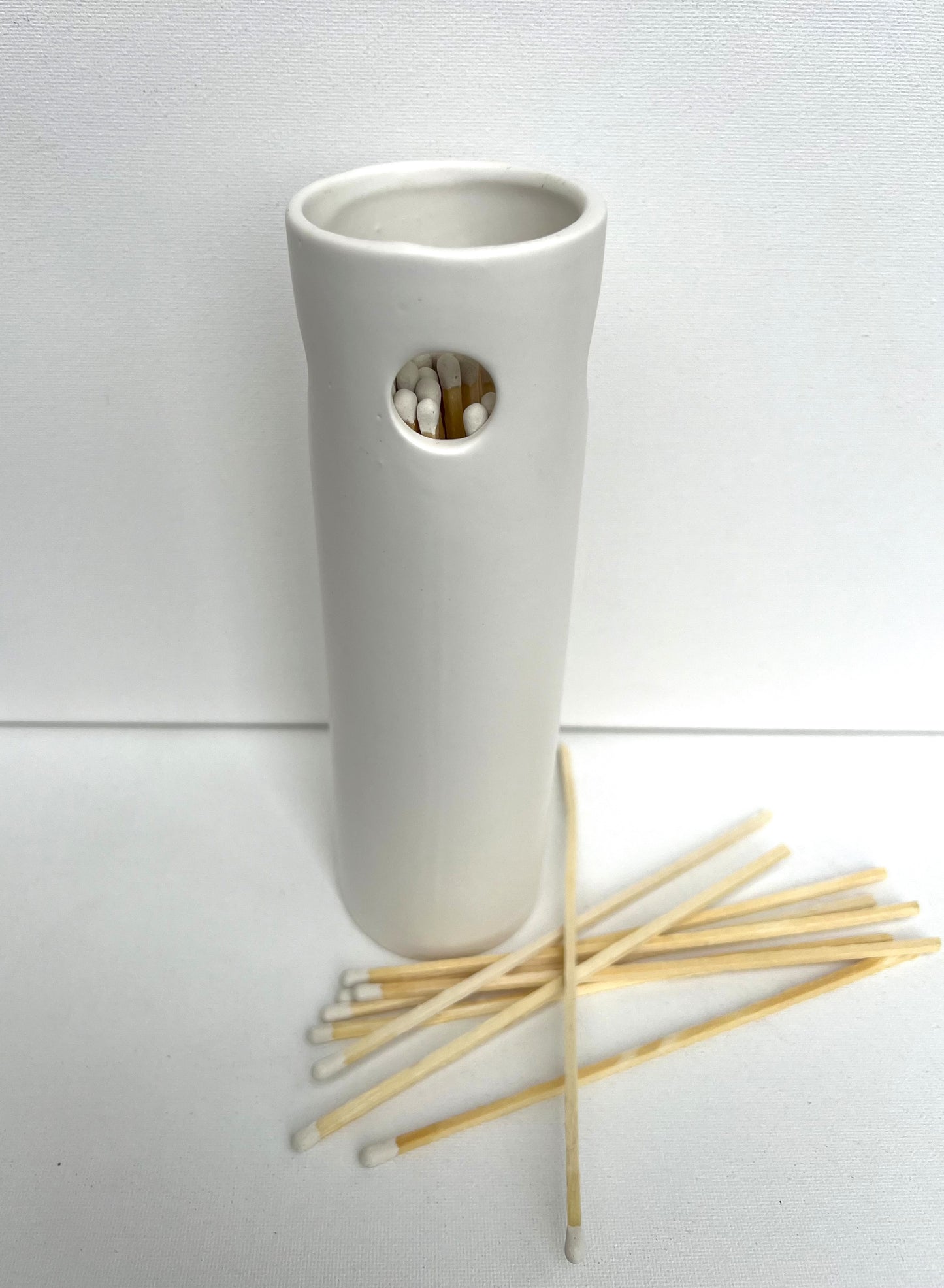 White Ceramic Matchstick Holder with 50 - 7" Fireplace Matches & Striker Pad
