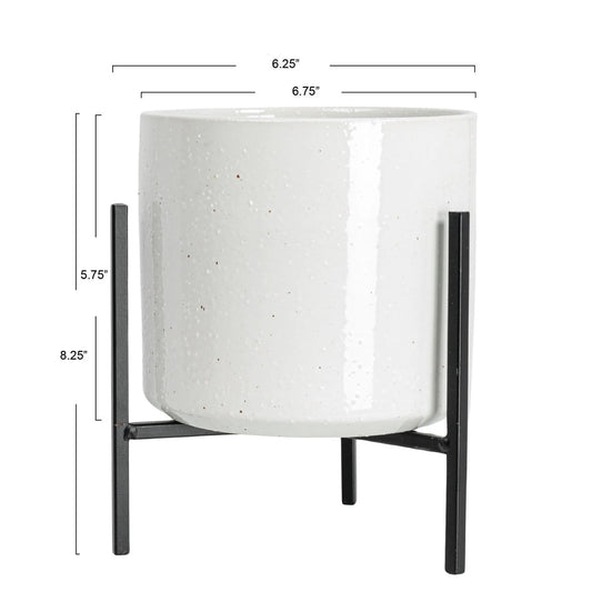 White textured planter with black stand and dimensions displayed