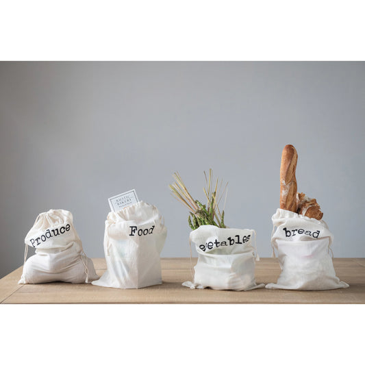 Cotton Printed Reusable Drawstring Food Bag by Creative Co-Op