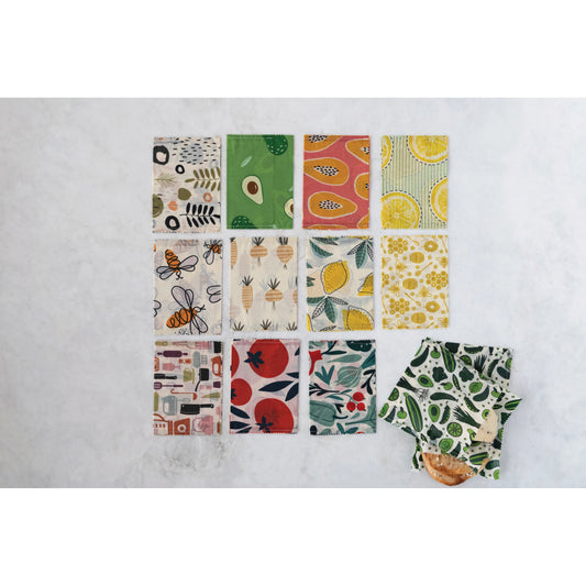 Reusable Fabric Beeswax Food Bags with Prints, Set of 2, 12 Styles