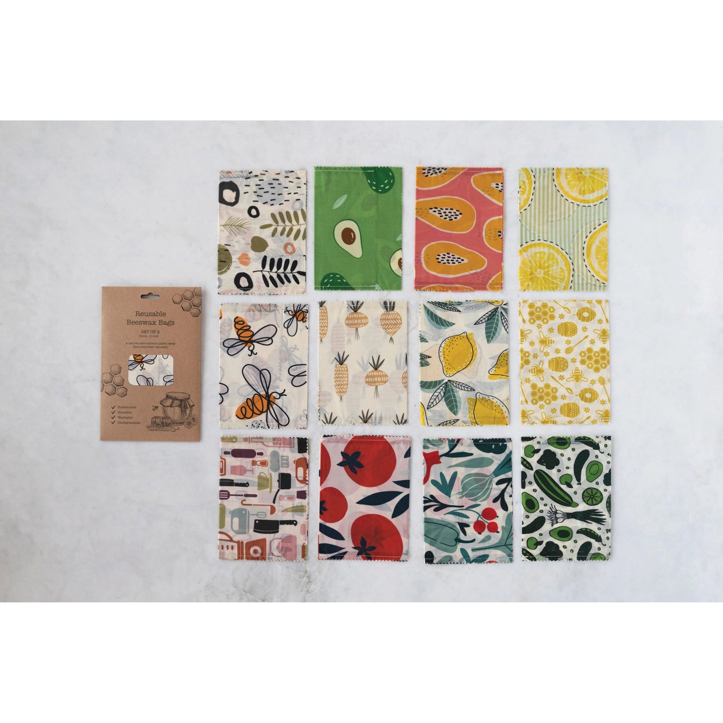 Reusable Fabric Beeswax Food Bags with Prints, Set of 2, 12 Styles