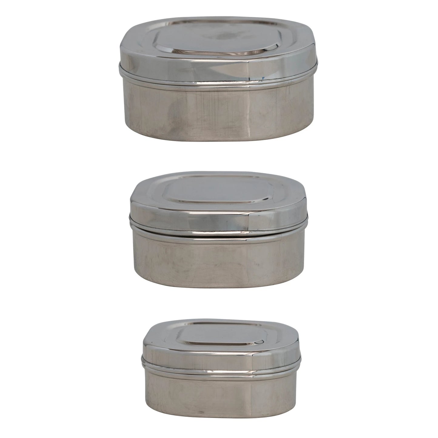 Set of three metallic containers with lids that can nest