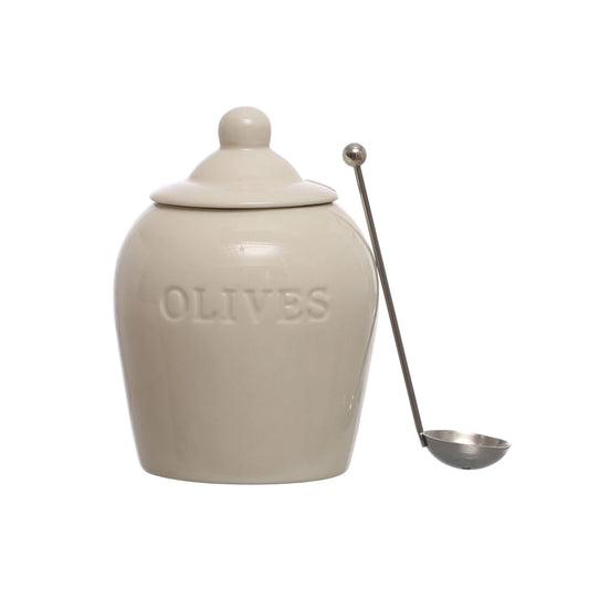 Debossed Stoneware Olive Jar by Creative Co-Op