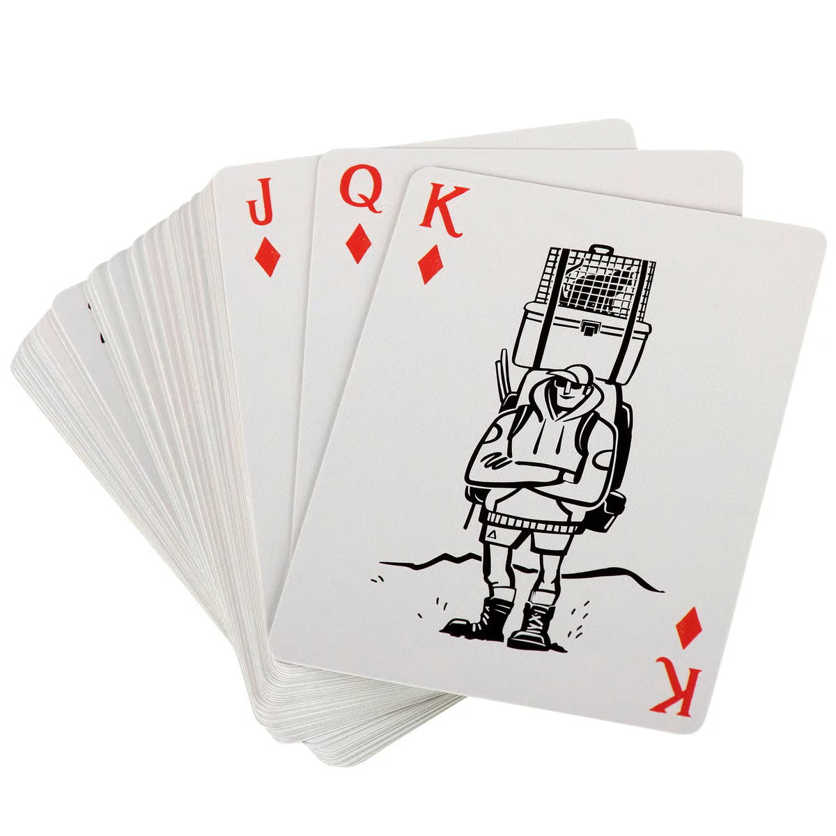 Playing cards with a unique design on the King of Diamonds card, featuring a person with a backpack and cage.