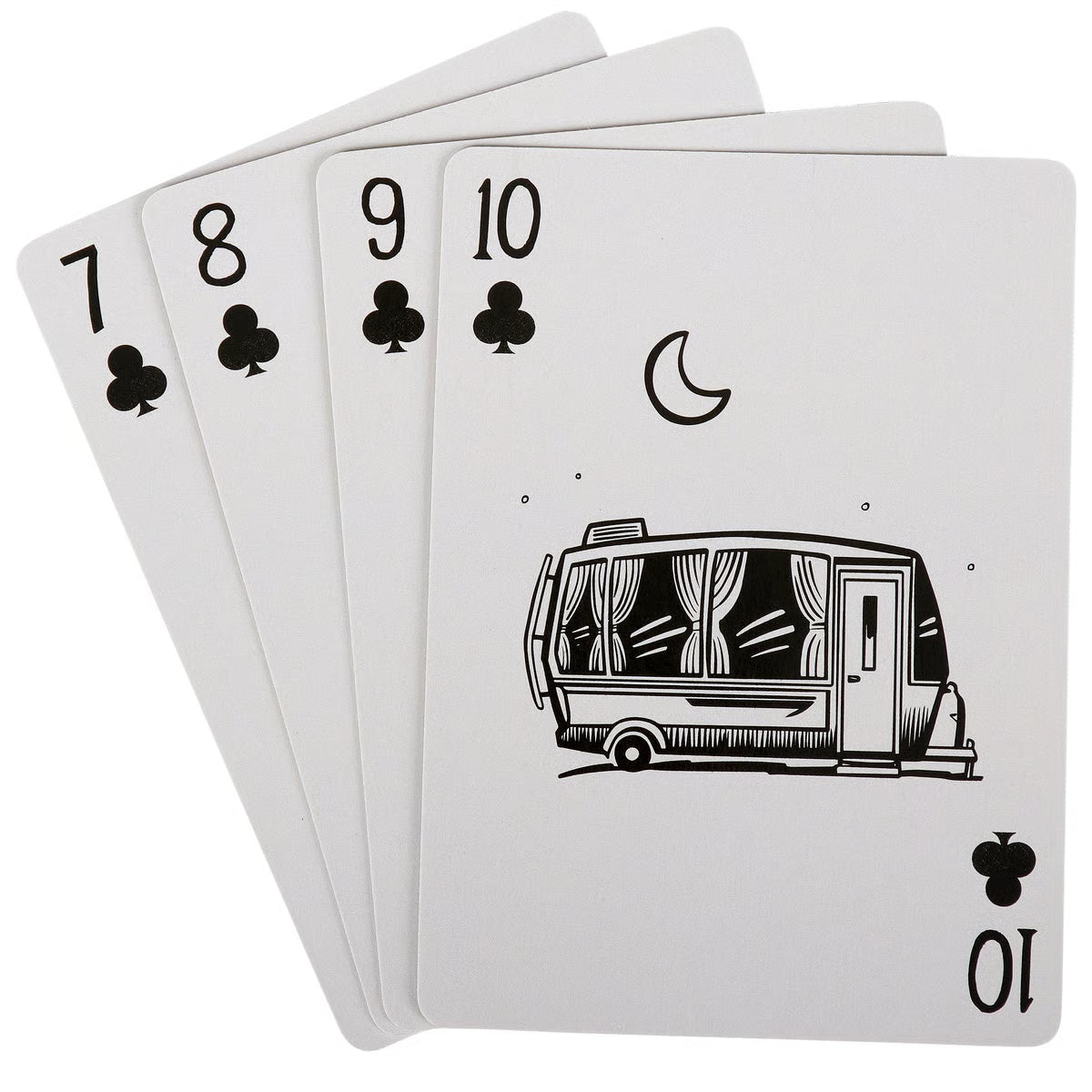 Set of playing cards with a camper illustration on one card, on a white background