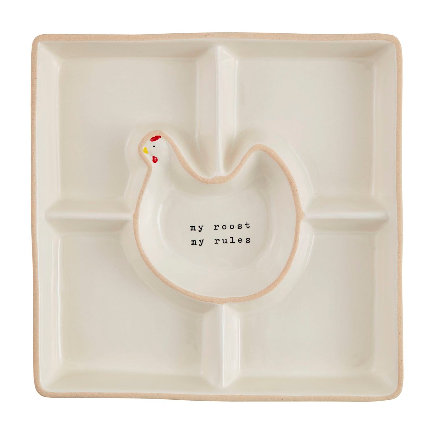 Decorative divided plate with chicken design and 'my roost my rules' text 