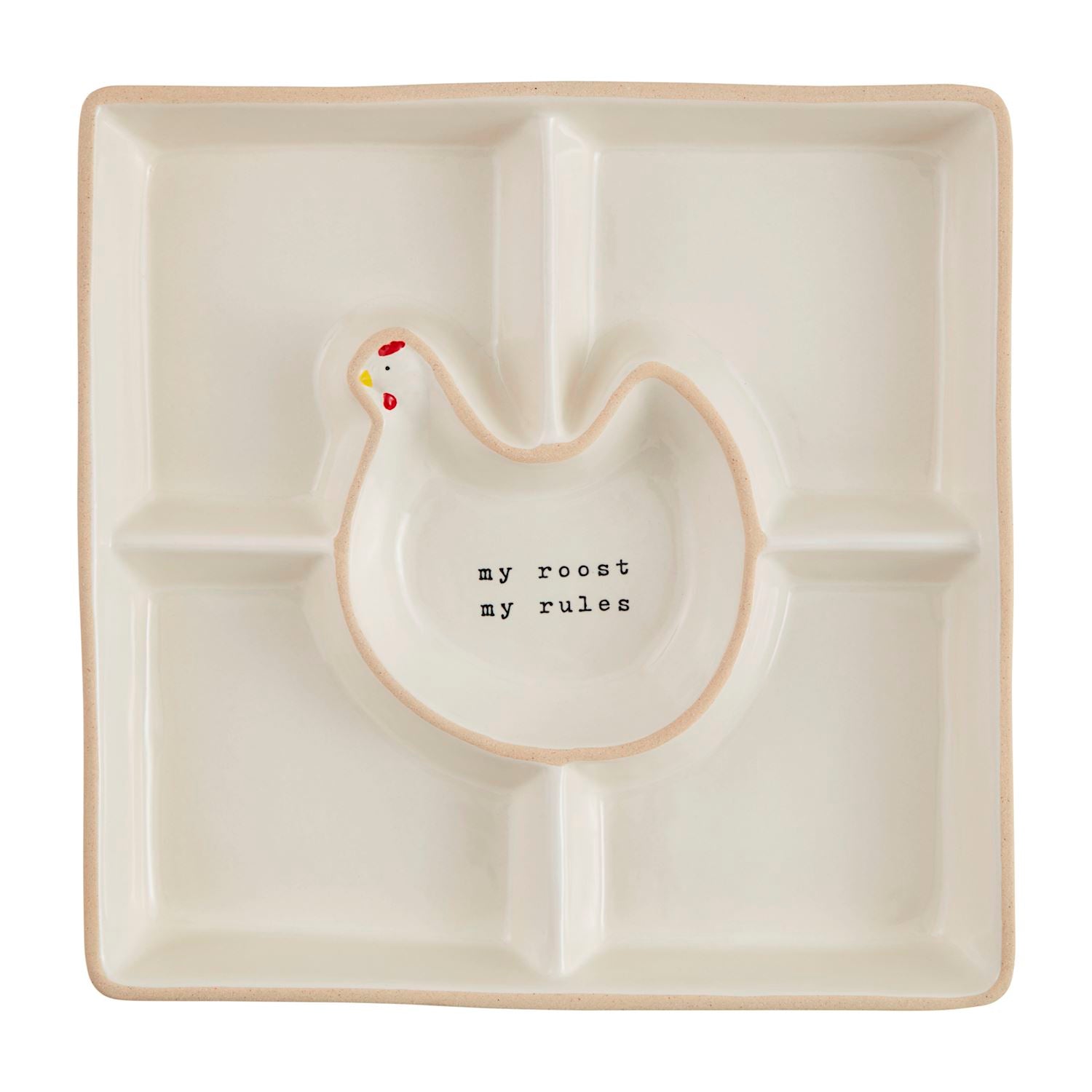 Decorative divided plate with chicken design and 'my roost my rules' text 