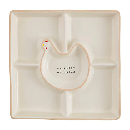 Decorative divided plate with chicken design and 'my roost my rules' text 