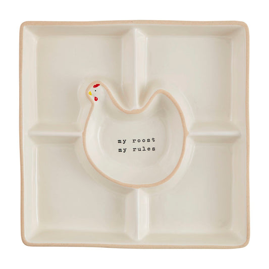Decorative divided plate with chicken design and 'my roost my rules' text 