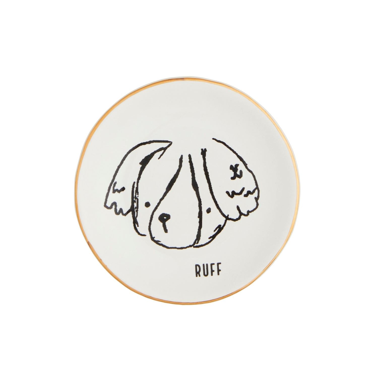 Round white plate with a black dog illustration and 'RUFF' text 