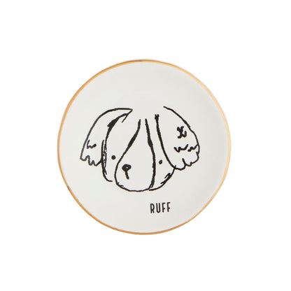 Round white plate with a black dog illustration and 'RUFF' text 