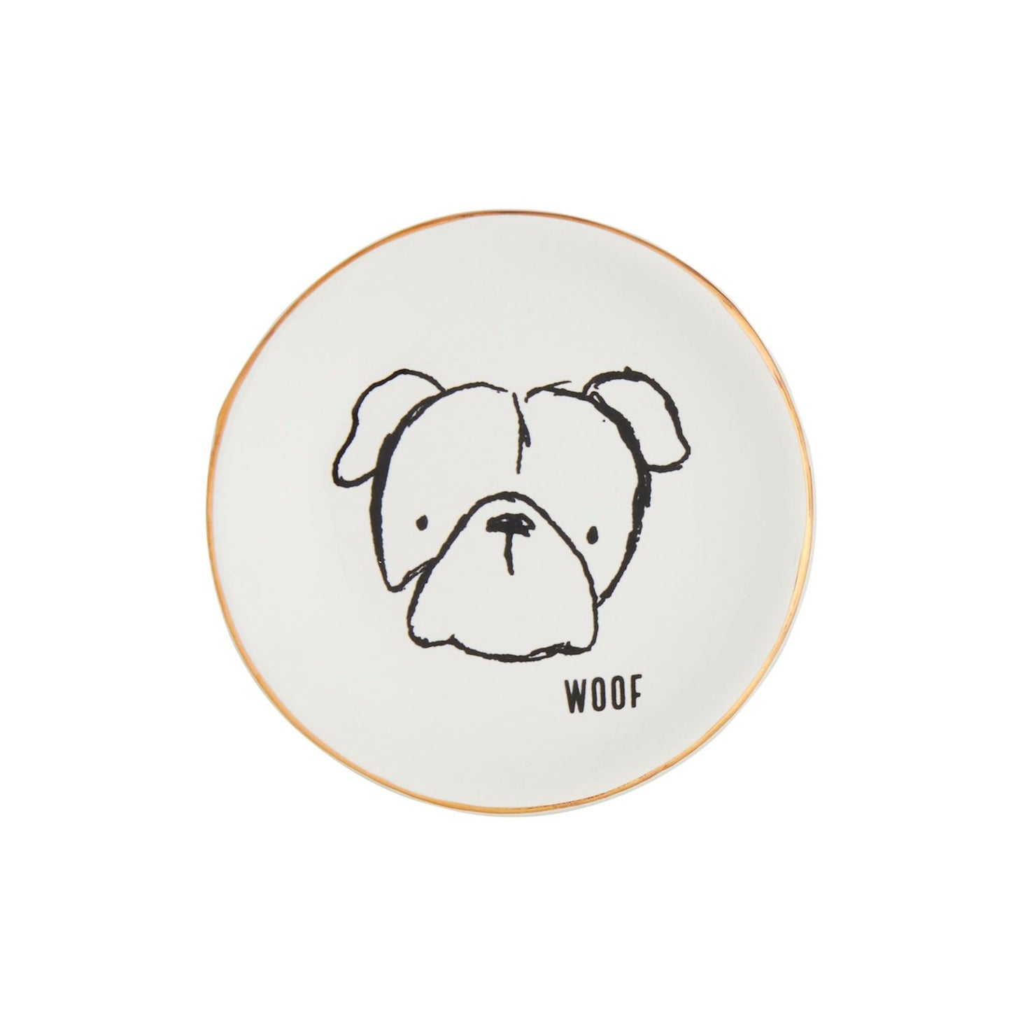 Round white plate with a black bulldog illustration and 'WOOF' text 