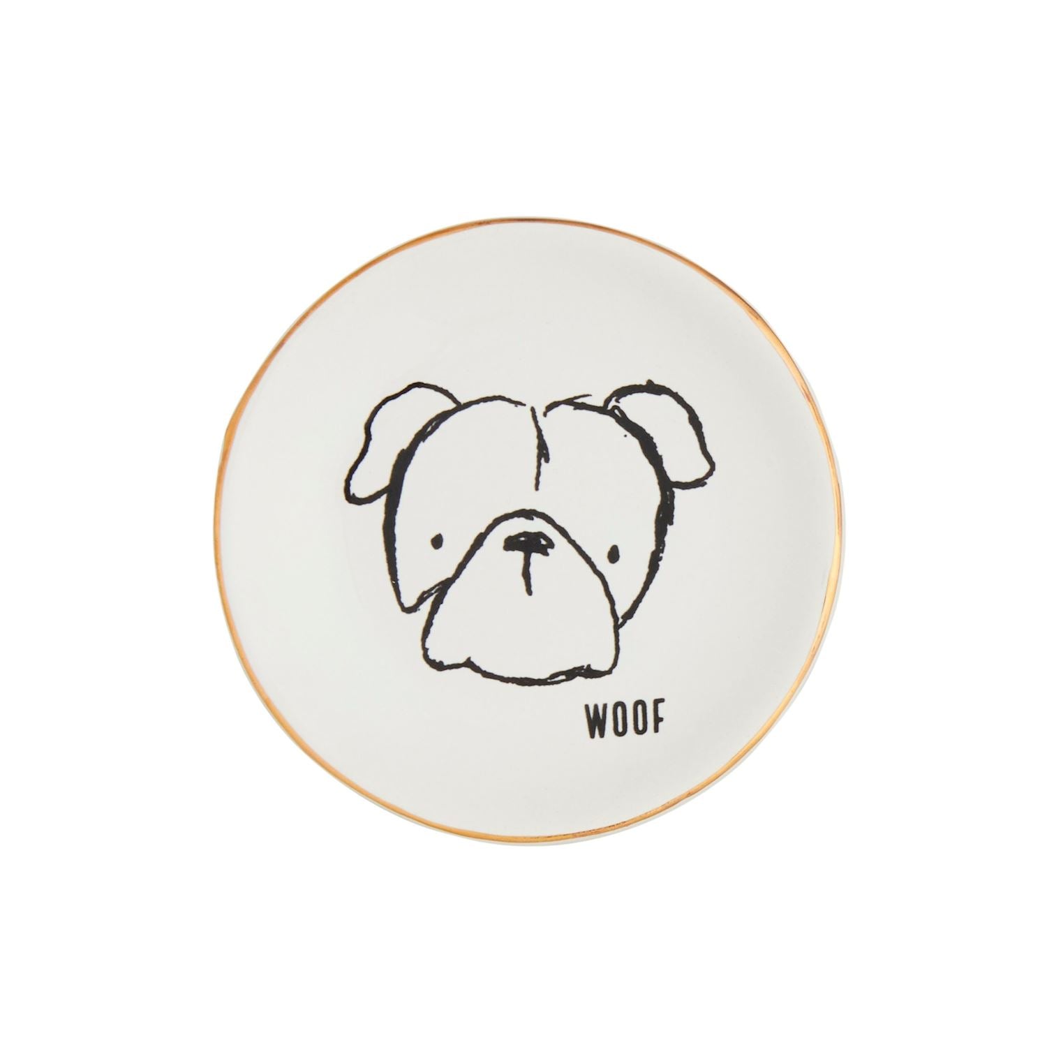 Round white plate with a black bulldog illustration and 'WOOF' text 