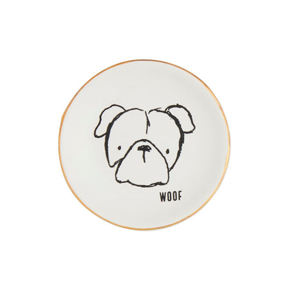 Round white plate with a black bulldog illustration and 'WOOF' text 