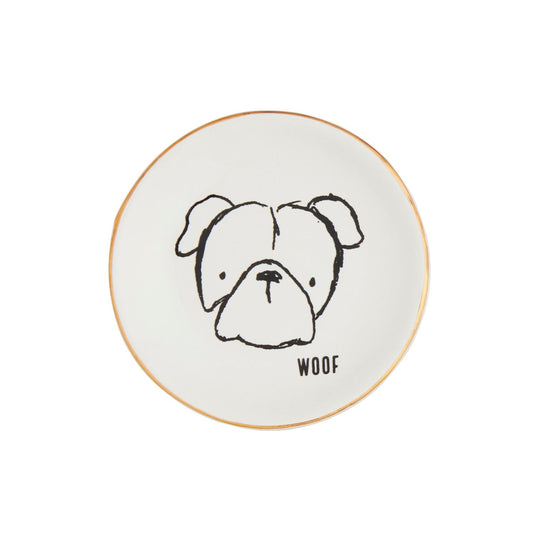Round white plate with a black bulldog illustration and 'WOOF' text 