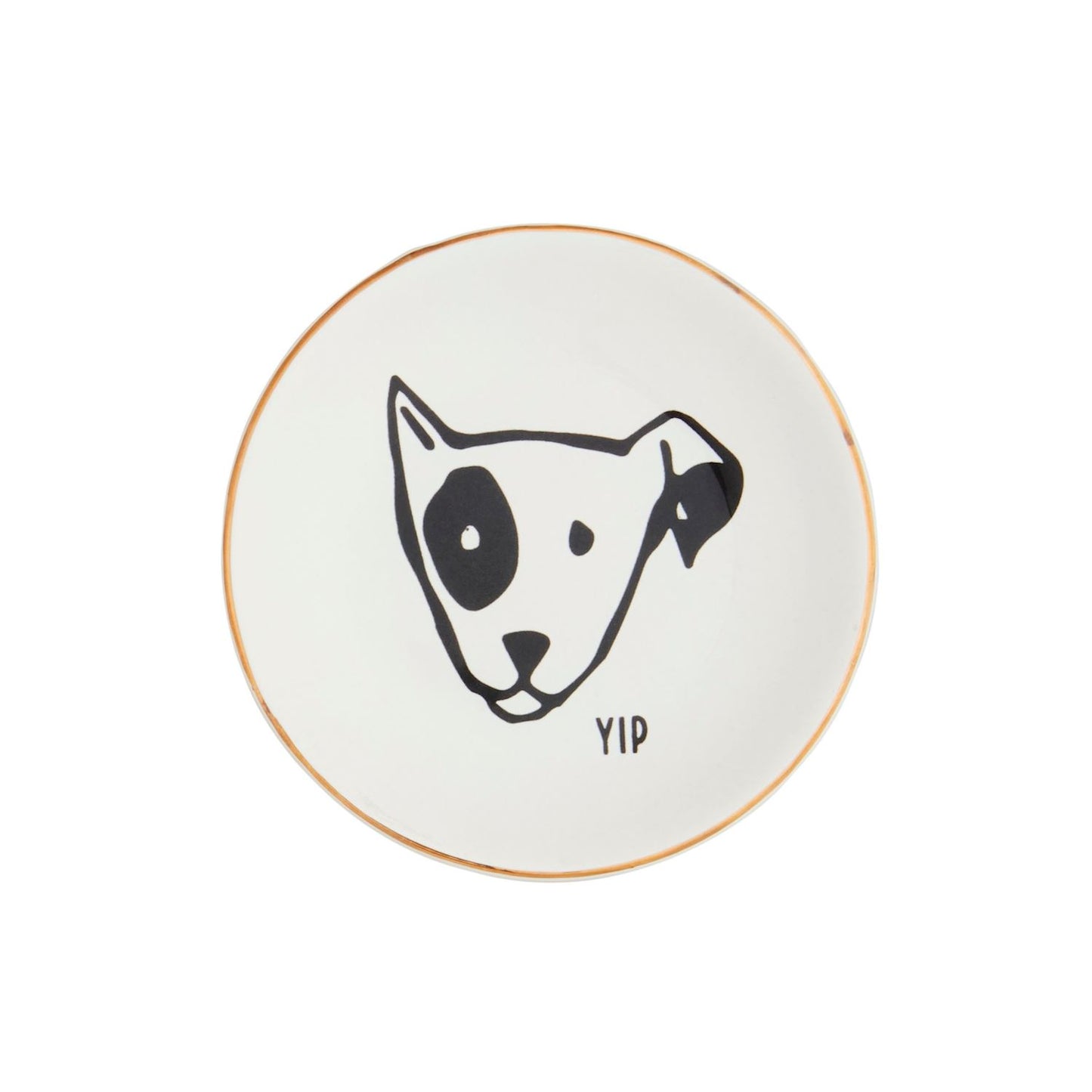 Round white plate with a black dog illustration and 'YIP' text