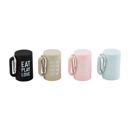 Four dog waste disposable bag holders in black, beige, pink, and blue 