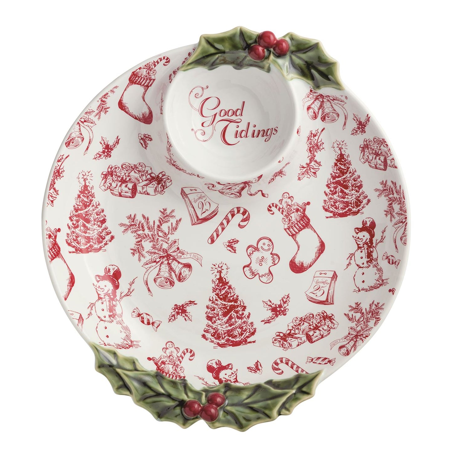 Decorative chip and dip with red Christmas patterns and 'Good Tidings' text on a white background