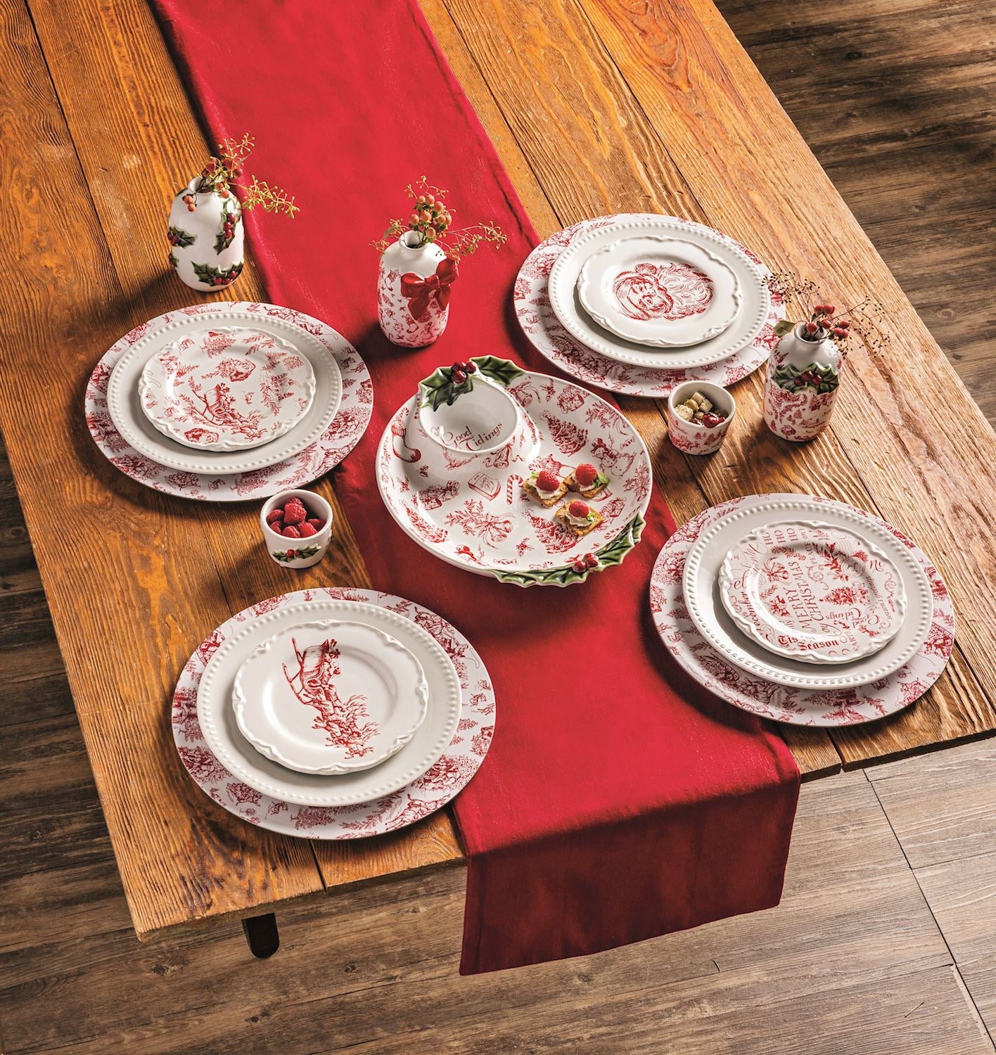 Red and white holiday chip and dip platter on a table setting