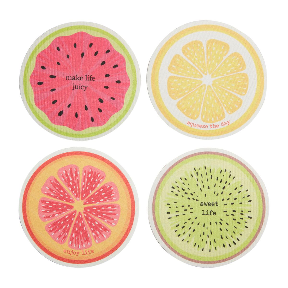 Four fruit-themed Swedish wash cloths with colorful designs and text o