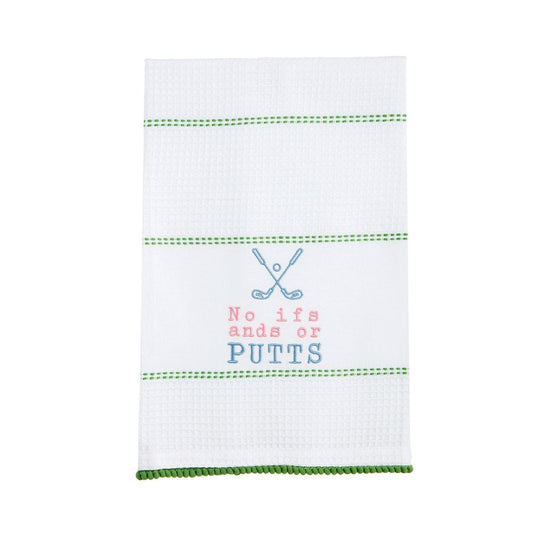 White golf towel with "No ifs ands or PUTTS"  embroidered on the towel with 2 blue golf clubs 