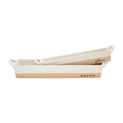 Two rectangular ceramic dish with wooden base and 'serve' text 