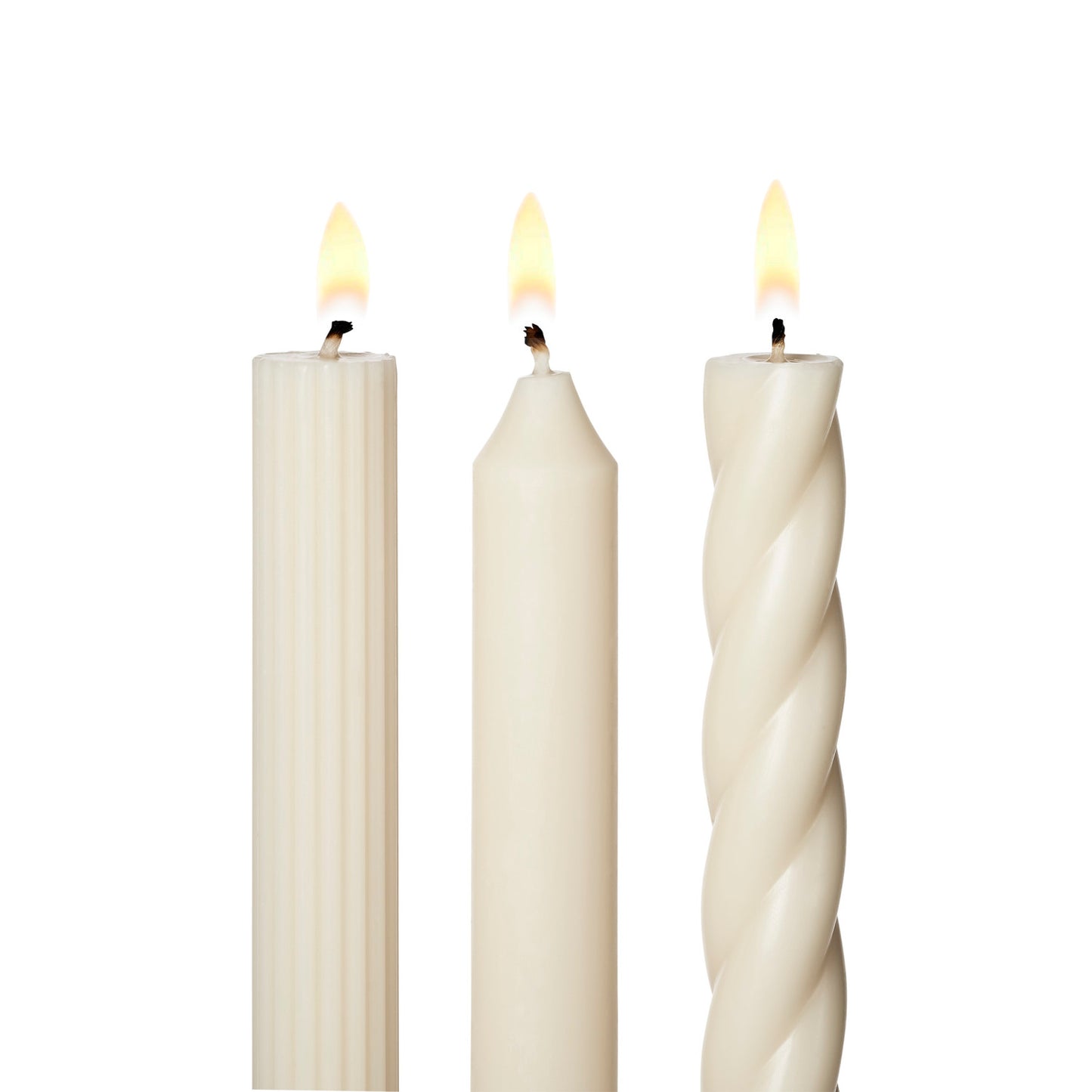 Three white candles with different textures