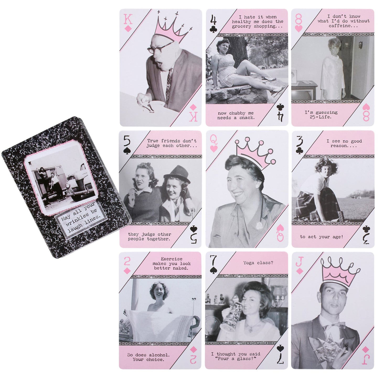 1960's themed playing cards with black and white photos and pink text on a white backgrounds 