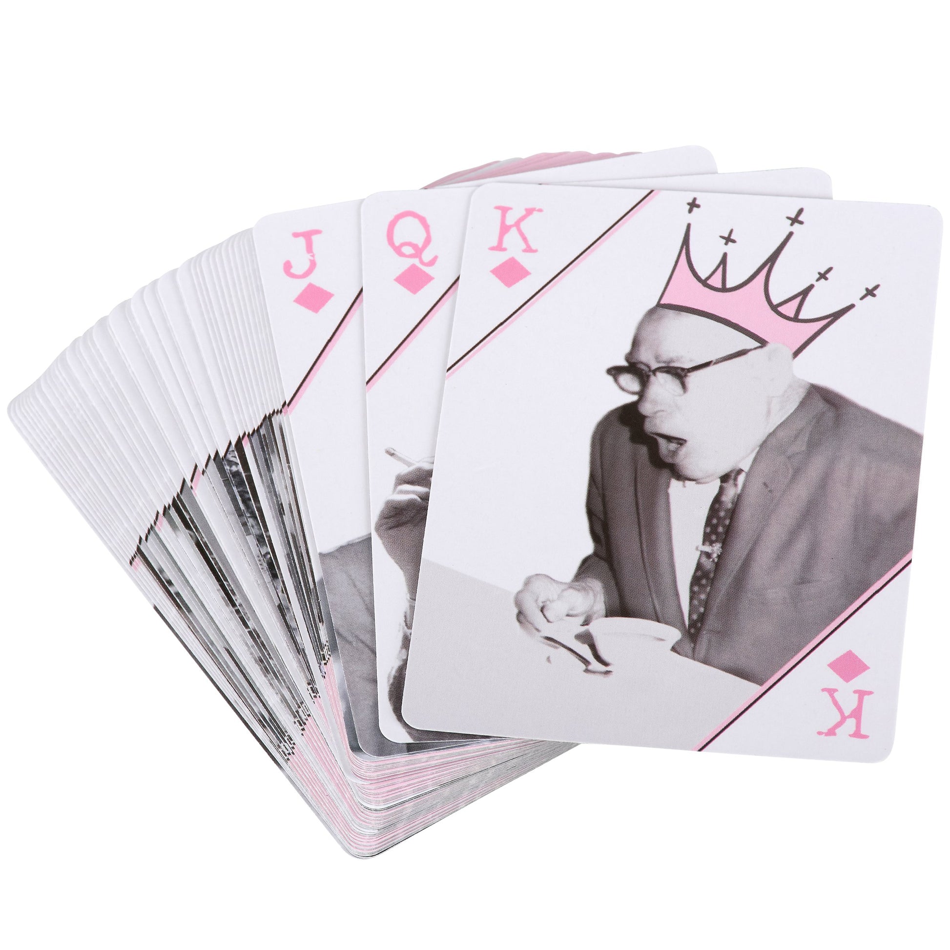 Playing cards with a unique design featuring a person in a suit and pink crown on a white background.