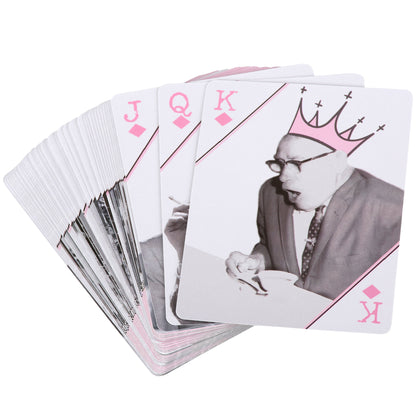Playing cards with a unique design featuring a person in a suit and pink crown on a white background.