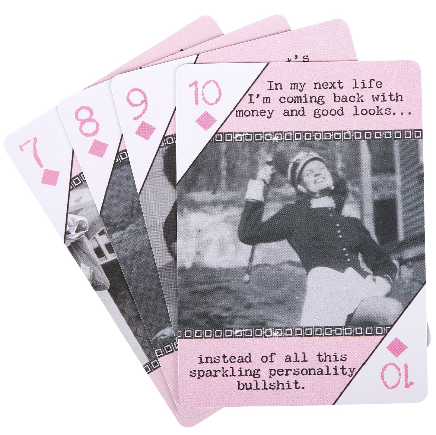 Playing cards with humorous text and black and white photo on pink backings