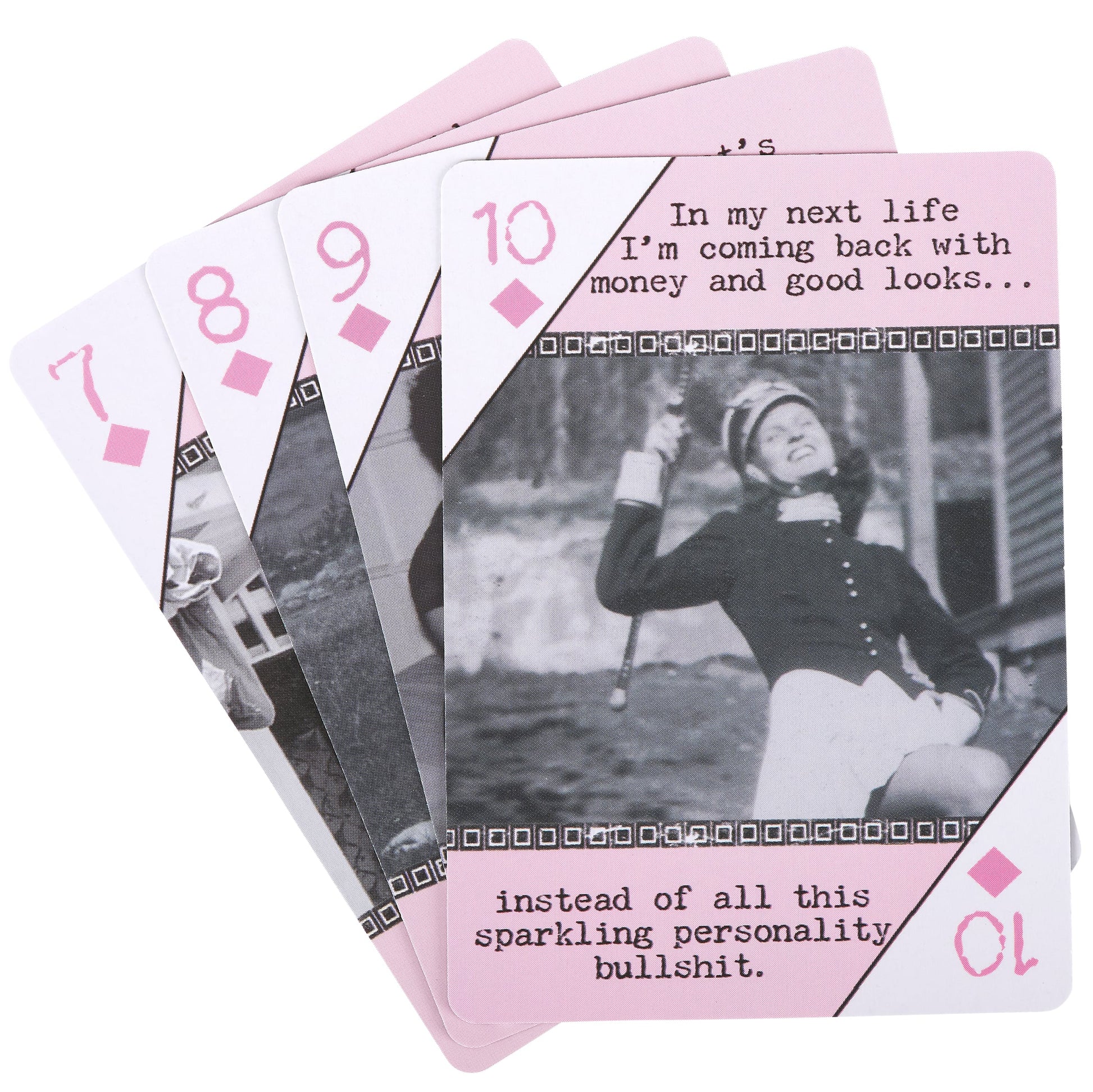 Playing cards with humorous text and black and white photo on pink backings