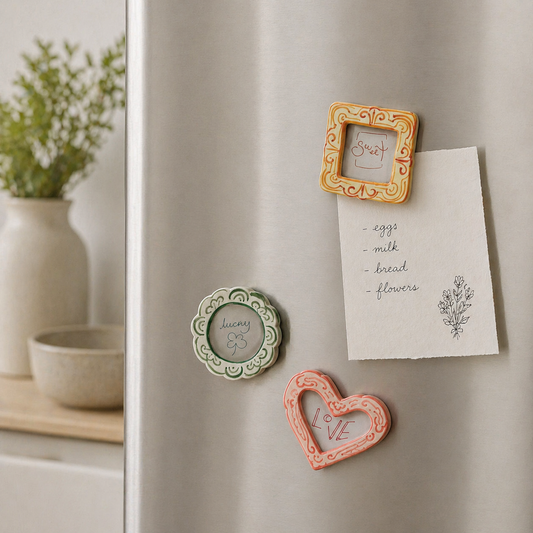 Decorative magnets on a refrigerator with a plant and bowl 