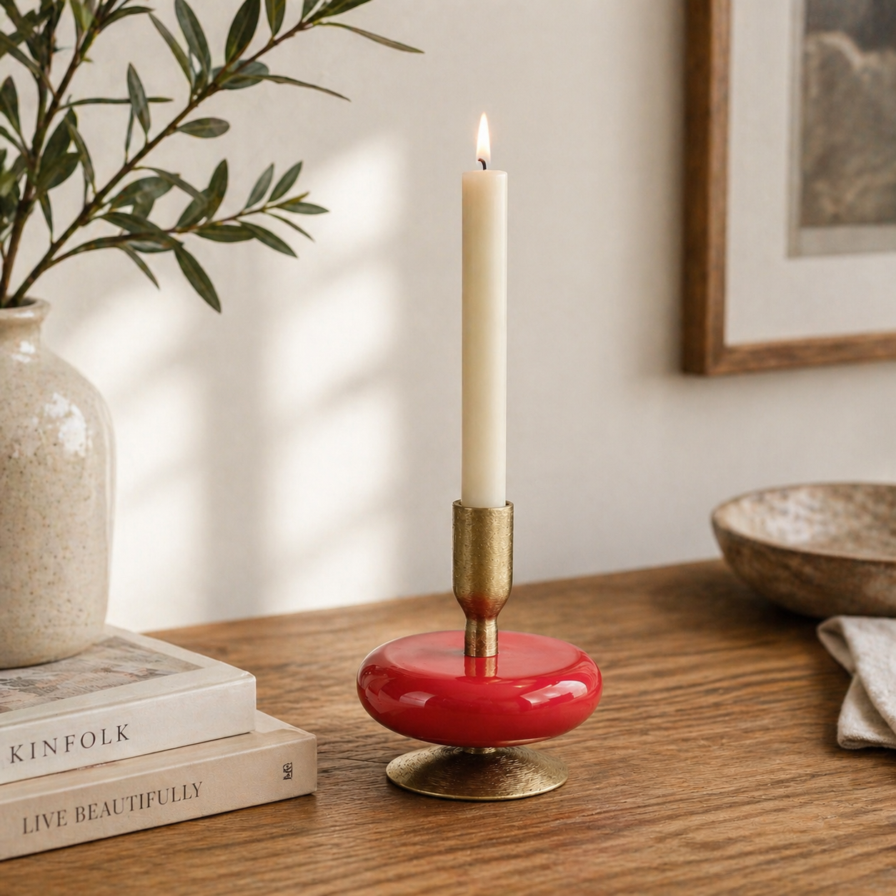 Red & Gold Metal Taper Candle Holder