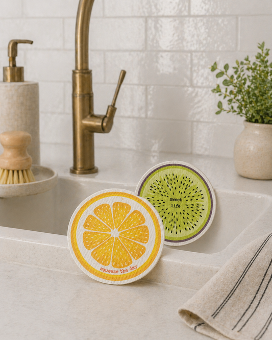Two reusable cleaning cloths with fruit designs on a kitchen counter.