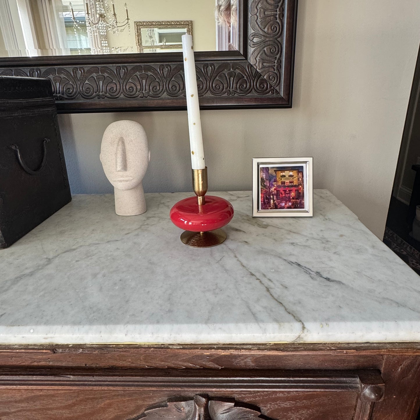 Red & Gold Metal Taper Candle Holder, Creative Co-Op