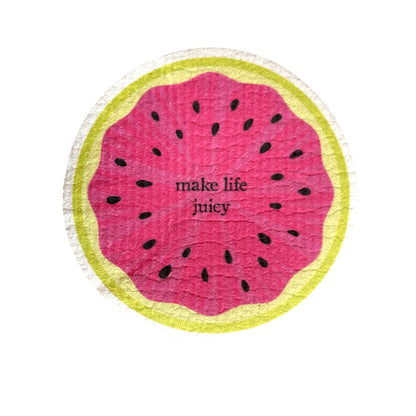 Swedish wash cloth with watermelon design and 'make life juicy' text 
