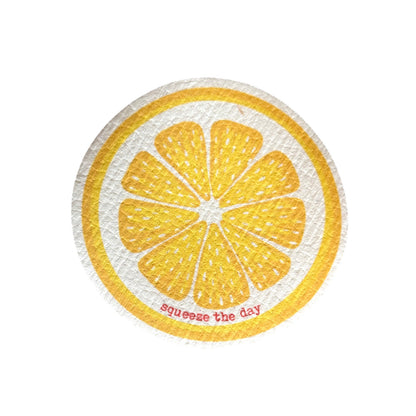 Round lemon slice design Swedish wash cloth with 'squeeze the day' text 