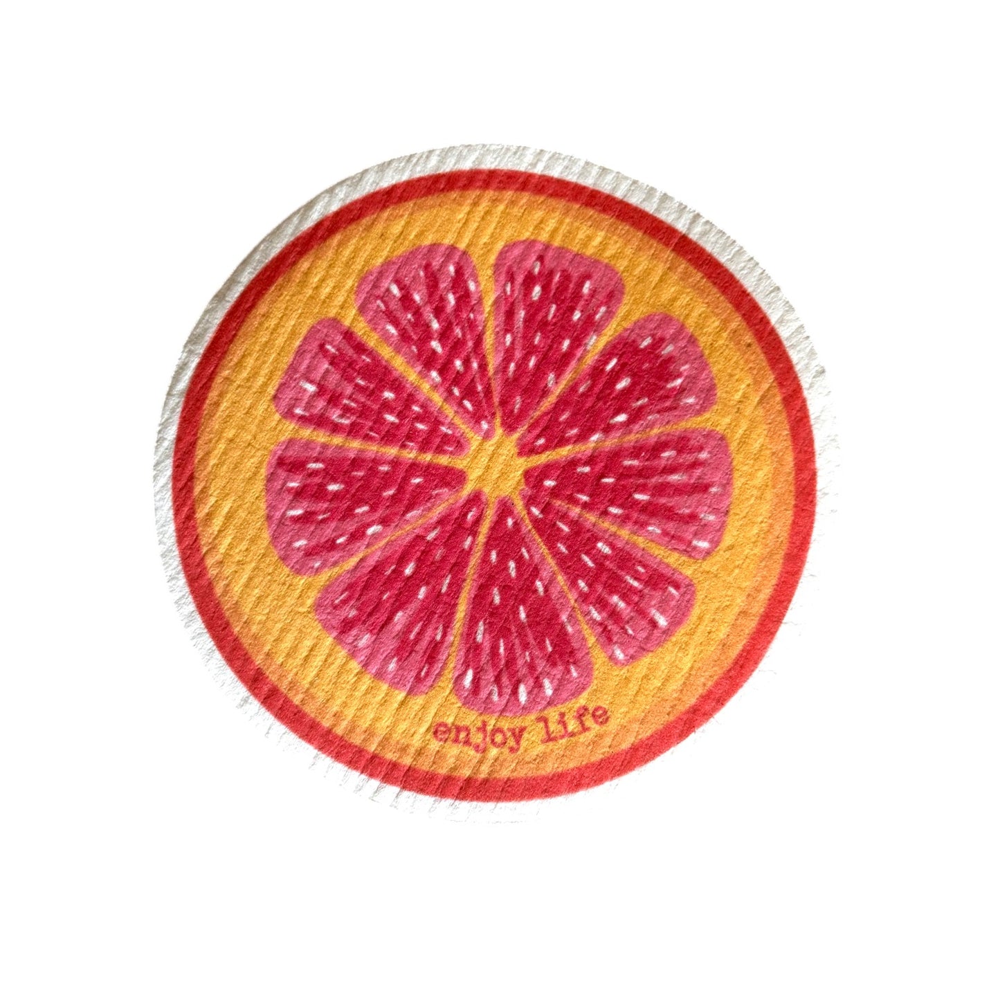 Swedish wash cloth with a grapefruit design and 'enjoy life' text 