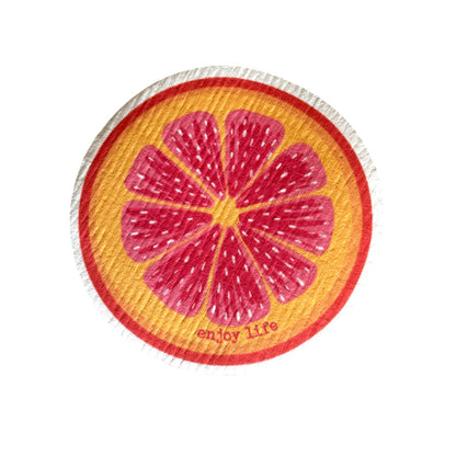 Swedish wash cloth with a grapefruit design and 'enjoy life' text 