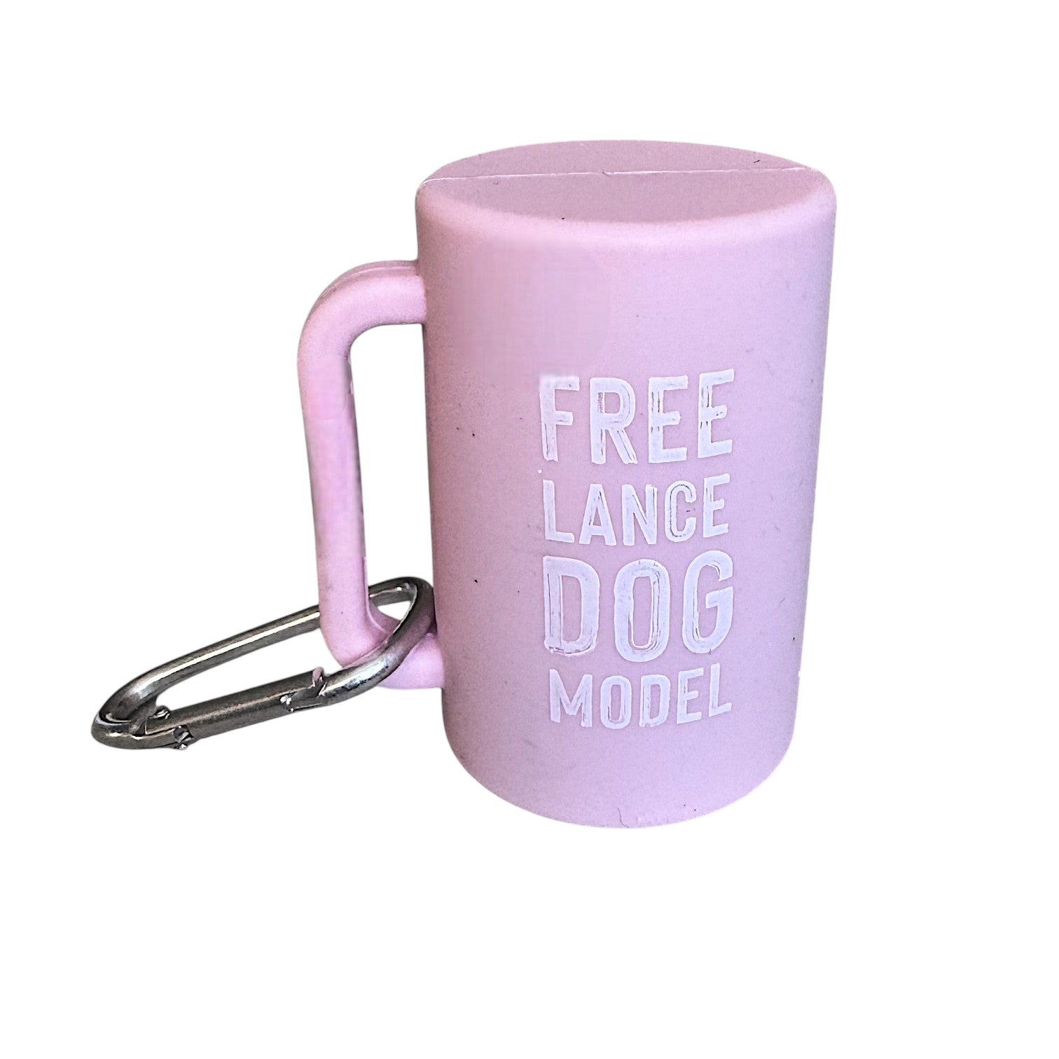 Pink dog waste bag holder with 'Free Lance Dog Model' text and a keychain 
