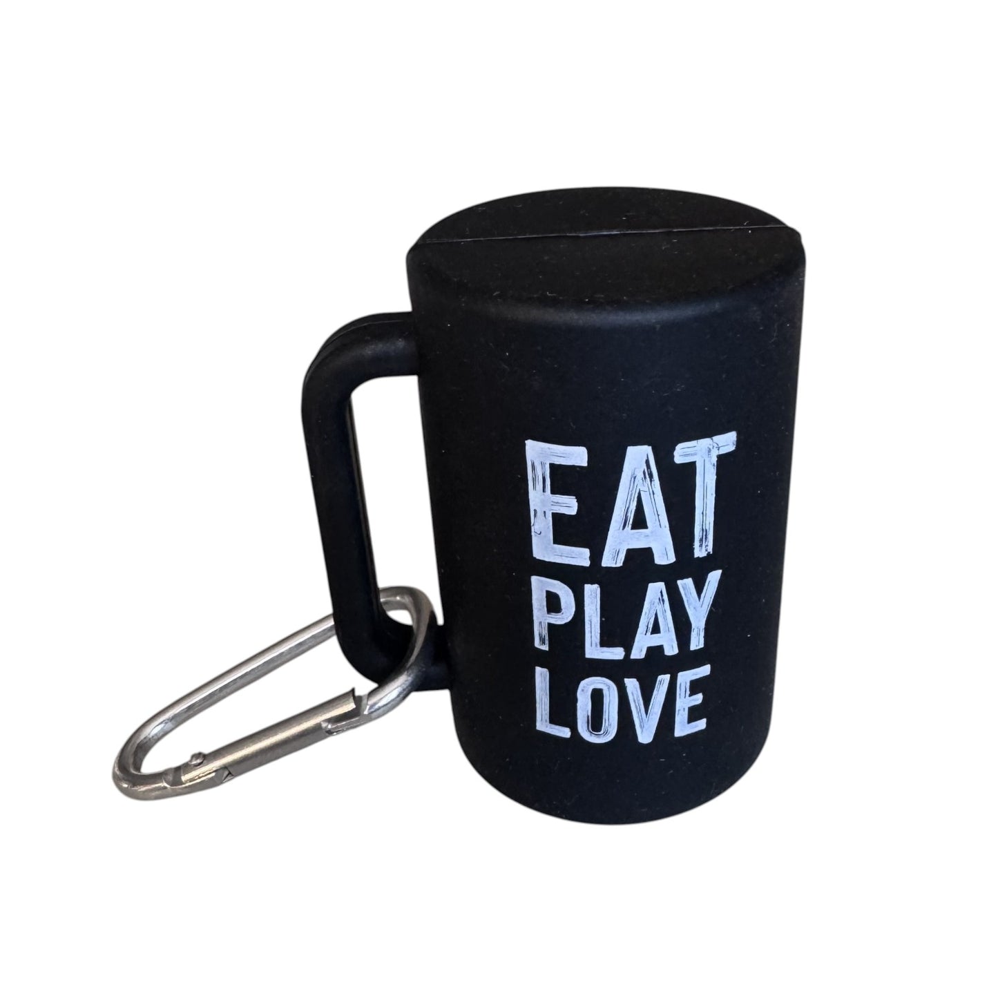Black dog waste bag holder with 'Eat Play Love' text 